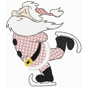 May include: A cartoon illustration of Santa Claus ice skating. He is wearing a red and white plaid suit with a black belt and black boots. He has a white beard and a red hat with white snowflakes.