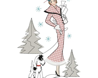 Retro Lady Carrying Presents, Walking a Scottie Dog Machine Embroidery Design, Christmas vintage design, Lady Holiday 5*7, 6*8, 6*9