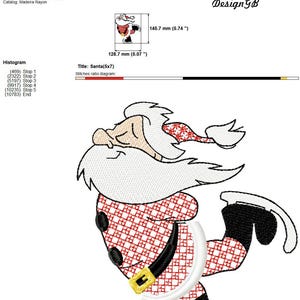May include: A red and white checkered Santa Claus ice skating design for embroidery. The design is 5.07 inches by 5.74 inches and has 5 color stops.