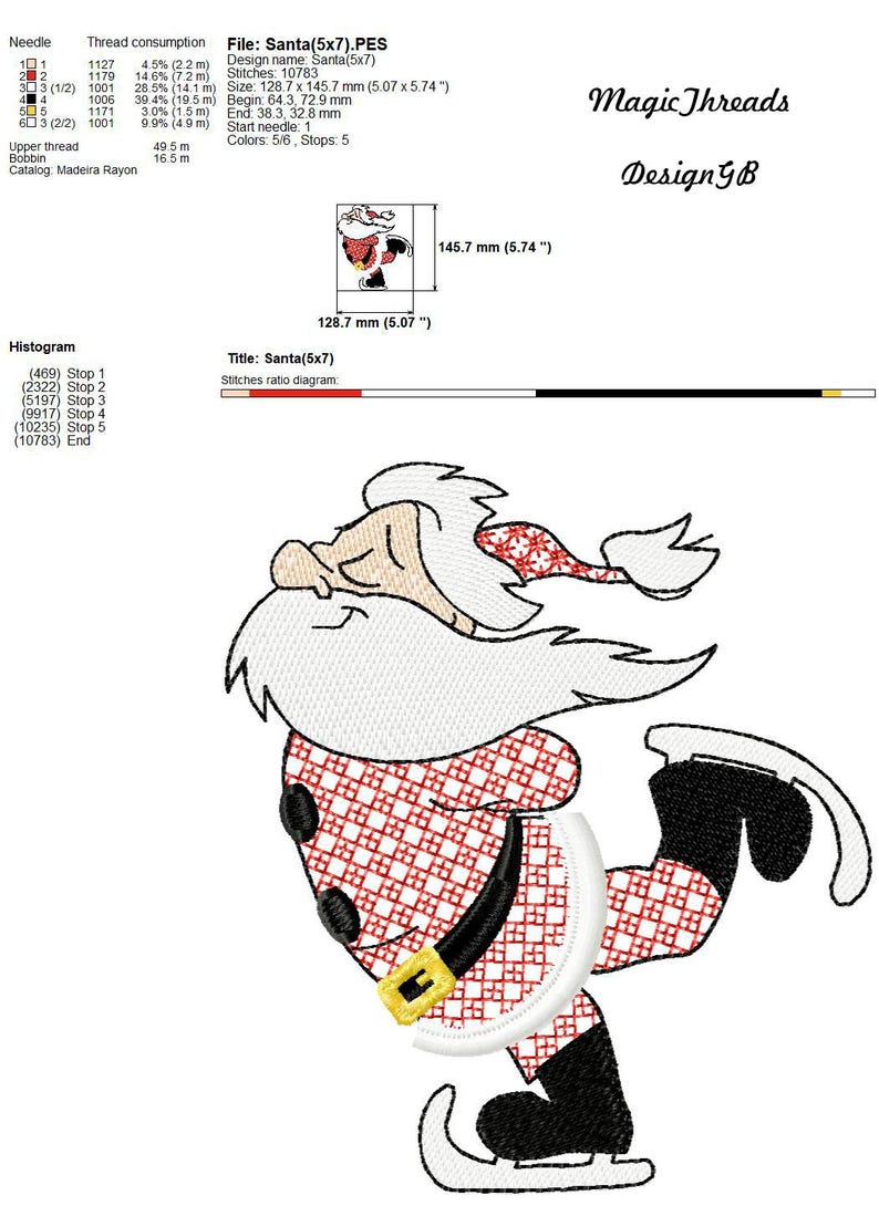May include: A red and white checkered Santa Claus ice skating design for embroidery. The design is 5.07 inches by 5.74 inches and has 5 color stops.