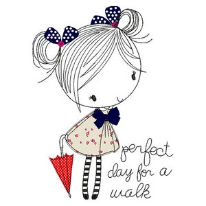 Diseño de bordado a máquina de niña con paraguas, diseño de bordado de día perfecto para un paseo 5*7, 6*8, 6*9