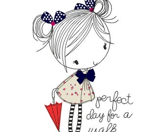 Girl with Umbrella Machine Embroidery Design Applique, Perfect Day for a Walk Embroidery Design  5*7, 6*8, 6*9