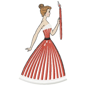 May include: A woman in a red and white striped dress holds a red candle. She has brown hair and is wearing a black belt.