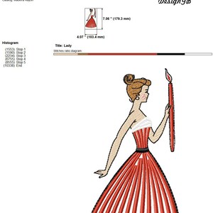 May include: A red and white striped dress with a black belt and a white trim. The woman is holding a red candle with a flame. The image is 4.07 inches by 7.06 inches. The title "Lady" is displayed at the top of the image.