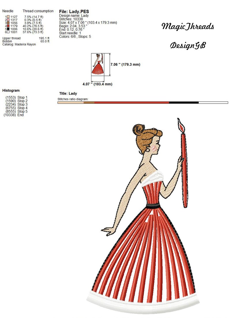 May include: A red and white striped dress with a black belt and a white trim. The woman is holding a red candle with a flame. The image is 4.07 inches by 7.06 inches. The title "Lady" is displayed at the top of the image.
