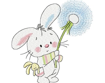 Bunny with Dandelion Machine Embroidery Design, Embroidery Bunny, Kids design, Cute Bunny Design  4*4, 4*5, 5*7, 6*8