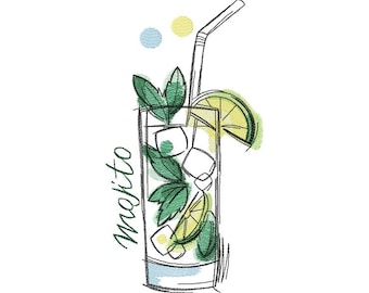 Mojito cocktail machine embroidery designs, a glass with a cocktail embroidery, Mojito Drink Embroidery  5x7, 6x8, 6x9, 8x10
