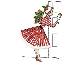 Lady Knocking on Door Machine Embroidery Design Fringe, Christmas Vintage Design, Victorian Christmas Design 5*7, 6*8, 6*9