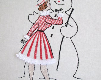 Christmas Fun Machine Embroidery Design Fringe, Lady and Snowman design, Christmas Vintage Design, Christmas Greetings Design  5*7, 6*8, 6*9