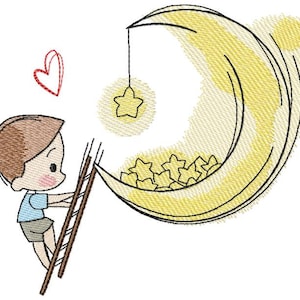 May include: A cartoon illustration of a boy climbing a ladder to reach a crescent moon filled with stars. The boy is wearing a blue shirt and brown shorts. He is smiling and holding a heart in his hand.