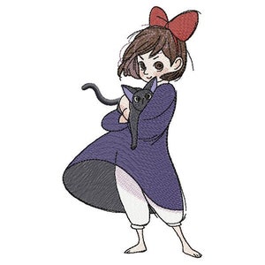Puede incluir: Una ilustración de dibujos animados de una niña con cabello castaño que lleva un vestido morado y un lazo rojo sosteniendo un gato negro.