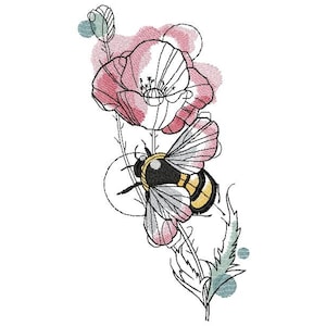 Poppy and Bee Machine Embroidery Designs, Poppy Embroidery, Floral Bee Designs, Insects Embroidery  5*7, 6*8, 6*9