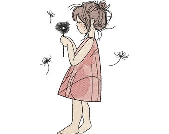 Girl with a Dandelion Machine Embroidery Design, Embroidery Girl, Kids design  5*7, 6*8, 6*9