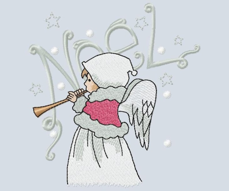 May include: A white angel with a pink bodice and silver wings plays a silver flute. The word "Noel" is written in a silver script behind the angel.