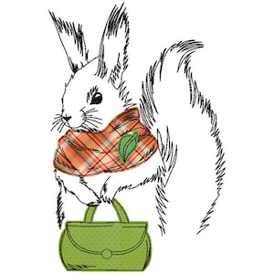 May include: A black and white line drawing of a rabbit wearing a plaid scarf and holding a green handbag.
