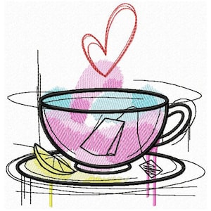May include: A pink and blue teacup with a tea bag inside, sitting on a saucer with a lemon wedge. A red heart is drawn above the teacup.