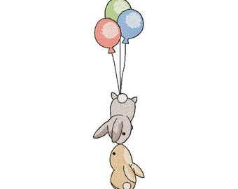 Kiss the Bunnies Machine Embroidery Design, Flight of the Bunny, Bunnies and Balloons, Kids Design  4*5, 5*7, 6*8, 6*9