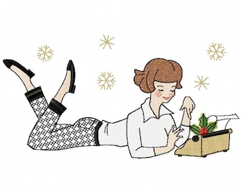 Lady Typing a Christmas Letter Machine embroidery design Fringe, Christmas Vintage design, Christmas Greetings design  5*7, 6*8, 6*9