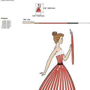 May include: A red and white striped dress with a black belt and a white fur trim. The woman is holding a lit candle. The image is a digital embroidery design file.