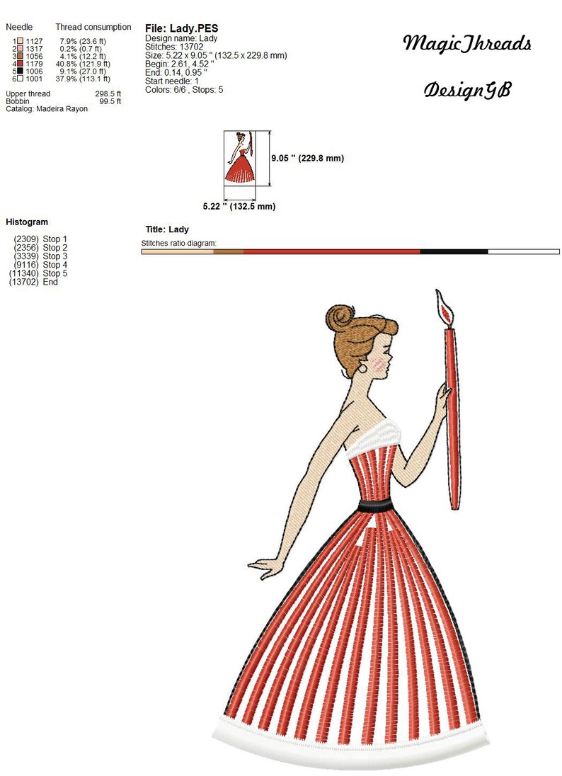 May include: A red and white striped dress with a black belt and a white fur trim. The woman is holding a lit candle. The image is a digital embroidery design file.