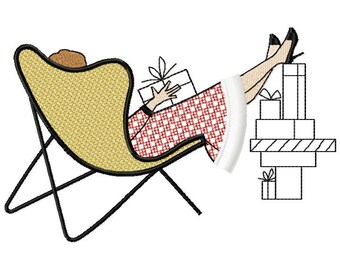 Christmas Lady Relaxing In Chair Machine Embroidery Design Fringe, Christmas Vintage Design, Lady Holiday, Retro design 5*7, 6*8, 6*9