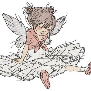 May include: A line drawing of a fairy with brown hair, wearing a pink shirt and a white skirt with stars. She has wings and is sitting with her legs outstretched.
