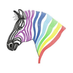 Peut inclure: Une tête de zèbre noir et blanc avec un motif arc-en-ciel sur la crinière et le corps. Le zèbre est dessiné dans un style stylisé, en ligne.