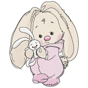 Könnte beinhalten: Ein niedlicher Cartoon-Hase im rosa Schlafanzug, der einen kleineren weißen Hasen hält. Der Hase hat eine rosa Nase und errötete Wangen.