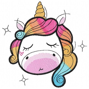 May include: A cartoon unicorn with closed eyes and a pink nose. The unicorn has a rainbow mane and tail with a gold horn.
