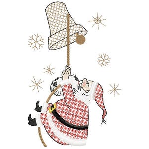 Pode incluir: Um Papai Noel vermelho e branco com barba branca está subindo em uma corda para alcançar um sino marrom com um padrão de rede branca. O fundo é branco com flocos de neve marrons.
