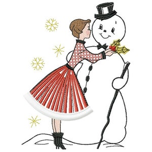 May include: A woman in a red and white dress gives a snowman wearing a top hat and bow tie a sprig of holly.