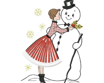 Lady and the Snowman Machine Embroidery Design Fringe, Christmas Vintage design, Merry Christmas, Lady Holiday 5*7, 6*8, 6*9