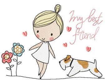 Machine Embroidery Design Girl with Dog, Embroidery girl, Kids design 5*7, 6*8, 6*9