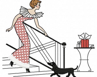 Lady with Dachshund Machine embroidery design Fringe, Christmas Vintage design, Christmas Greetings design  5*7, 6*8, 6*9