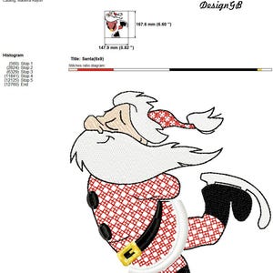 May include: A red and white checkered Santa Claus ice skating design for embroidery. The design is 5.82 inches by 6.60 inches and has 5 colors and 5 stops. The design is titled "Santa (6x9)" and is from Magic Threads Design GB.