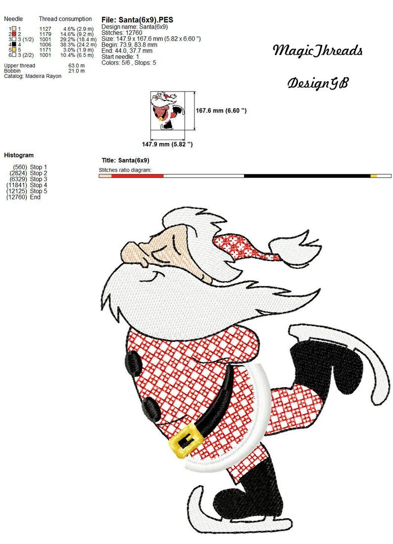 May include: A red and white checkered Santa Claus ice skating design for embroidery. The design is 5.82 inches by 6.60 inches and has 5 colors and 5 stops. The design is titled "Santa (6x9)" and is from Magic Threads Design GB.
