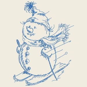 May include: A blue line drawing of a snowman wearing a hat and scarf, skiing down a hill.