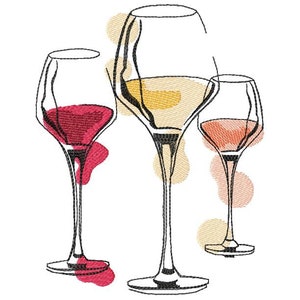 Wine in Glasses machine embroidery designs, Wine lover embroidery, Three glasses of Wine design 4x4, 5x7, 6x8, 6x9
