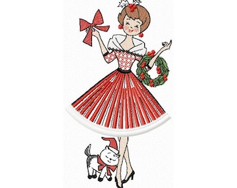 Christmas Lady and Kitten Machine embroidery design Fringe, Christmas greetings, Retro vintage design, Lady Holiday 5*7, 6*8, 6*9