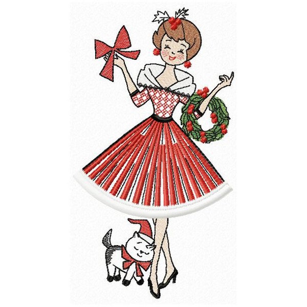 Christmas Lady and Kitten Machine embroidery design Fringe, Christmas greetings, Retro vintage design, Lady Holiday 5*7, 6*8, 6*9