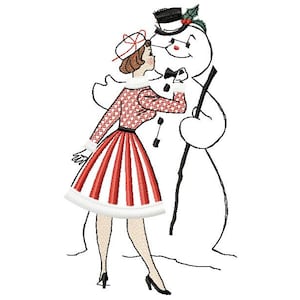 Pode incluir: Uma mulher em um vestido vermelho e branco listrado com uma borda de pele branca beija um boneco de neve que usa um chapéu-coco preto e uma gravata borboleta.