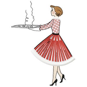 May include: A woman in a red and white checkered dress holds a baking sheet with cookies. The cookies are still warm and have a light brown color.