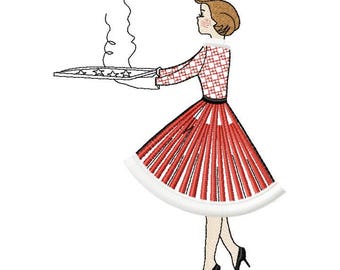 Christmas Lady with Cookies Machine Embroidery Design Fringe, Christmas Retro Vintage design, Lady Holiday  5*7, 6*8, 6*9