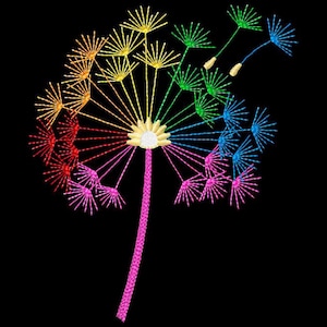 May include: A colorful embroidered dandelion against a black background. The dandelion features a rainbow of colors, including red, orange, yellow, green, and blue. The stem is a bright pink, and the seeds are blowing away.