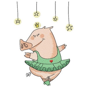 May include: A pink pig wearing a green tutu with a red heart and a gold crown. The pig is dancing with its right leg raised. There are yellow stars hanging from the ceiling.