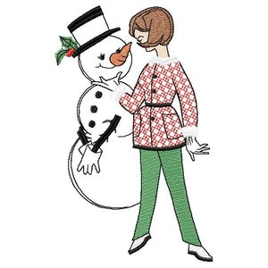 Lady with Snowman Machine Embroidery Design Fringe, Christmas Vintage Design, Christmas Greetings Design, Lady Holiday 5*7, 6*8, 6*9