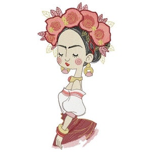 以下が含まれることがあります： 花冠をかぶった女性の漫画イラスト。白いブラウスに赤い縁取り、赤いスカート、金のアクセサリーを身につけている。