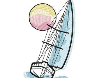 Boat at Dusk machine embroidery designs, Ship and Sun embroidery, Marine design, Boat embroidery 5x7, 6x8, 6x9