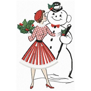 Lady & Handsome Snowman Machine embroidery design Fringe, Christmas Vintage design, Lady Holiday 5*7, 6*8, 6*9