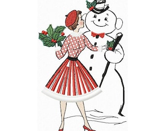 Lady & Handsome Snowman Machine embroidery design Fringe, Christmas Vintage design, Lady Holiday 5*7, 6*8, 6*9